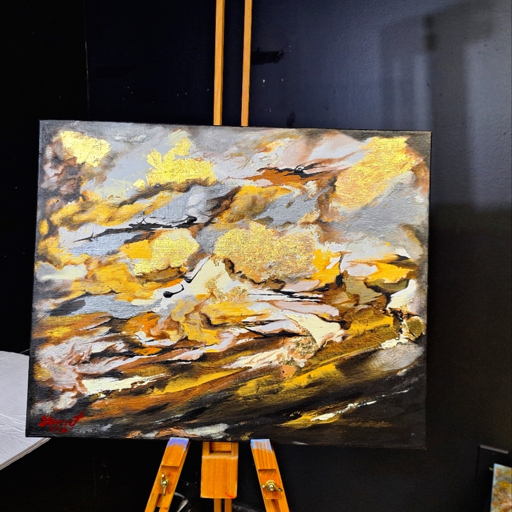 Original Abstract Gold and Black Acrylic On Canvas Art 16"x20"